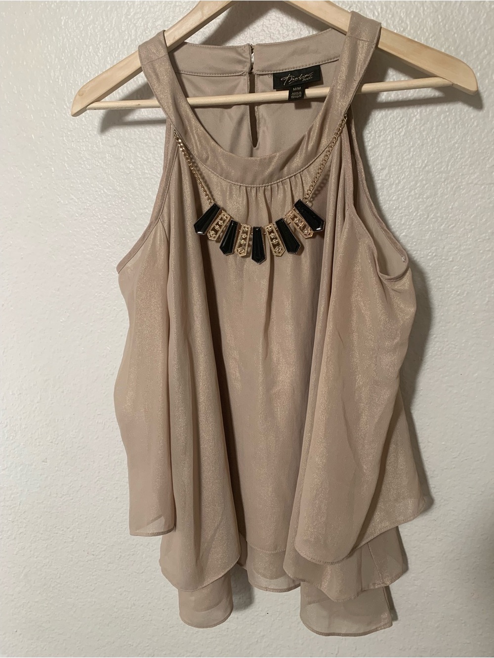 Thalia Sodi Beige Halter Camisole with Black & Gold Necklace Trim